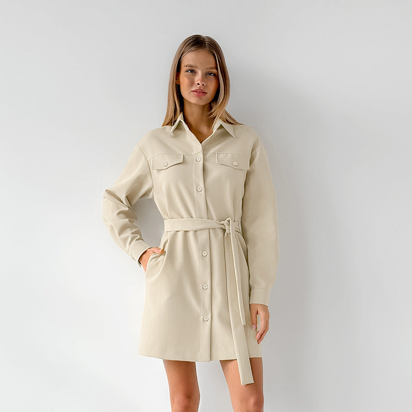 Women's Fashion Khaki Collared Drop Shoulder Pocket Vintage Dress