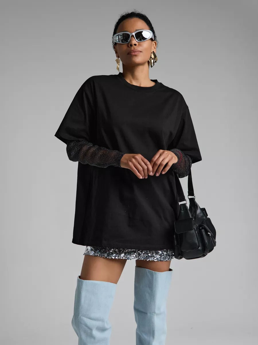Summer Chic: Mesh Panel Long Sleeve T-shirt - Loose-Fit Sun Protection Top