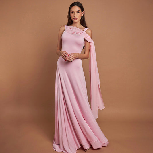 Women's Solid Color Puff Sleeve Pleated Maxi Dress with Asymmetrical Square Neck and Flowing Tie Detail