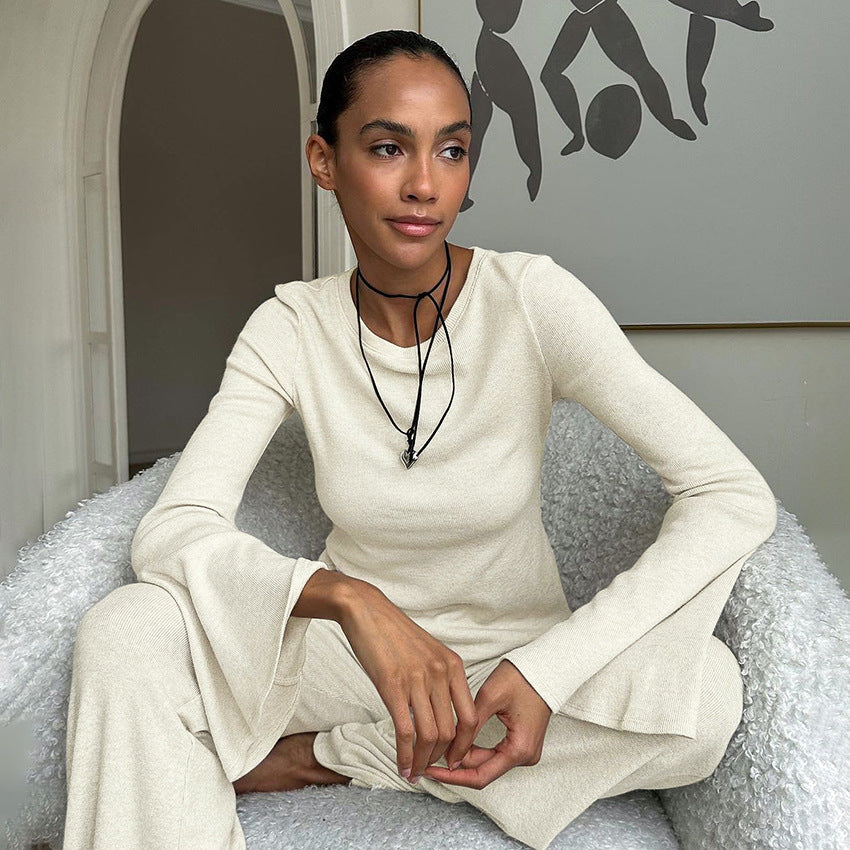 Women’s Autumn Knitted Pajama Set – Breathable Long Sleeve Top & Pants Lounge Sleepwear