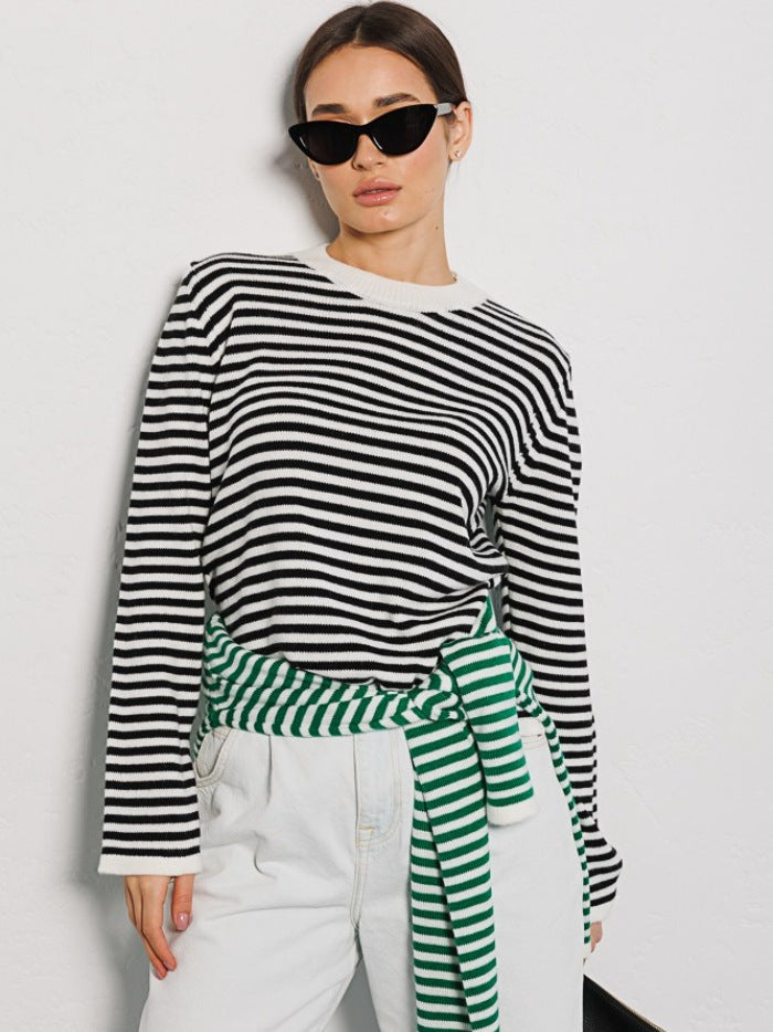 Women's Fashion Ribbed Color Block Striped Crew Neck Knit Sweater