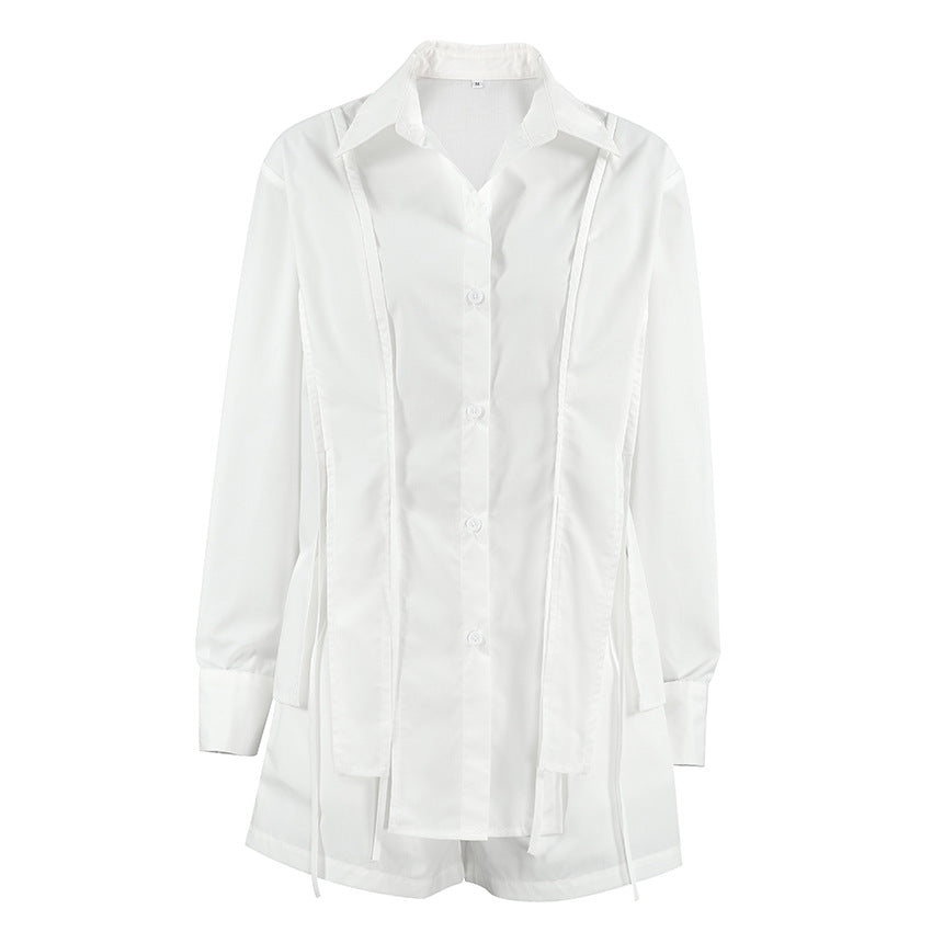 Women's Summer French Lapel Tie Long Sleeve Shirt and Shorts Set