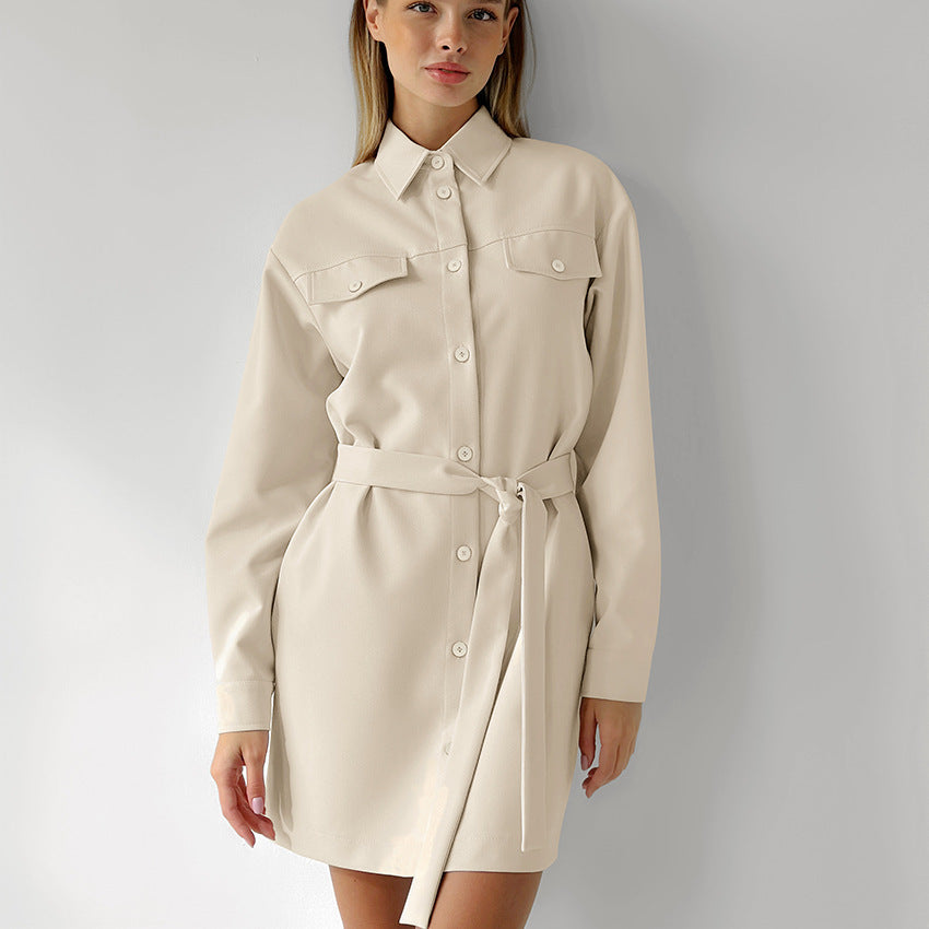 Women's Fashion Khaki Collared Drop Shoulder Pocket Vintage Dress