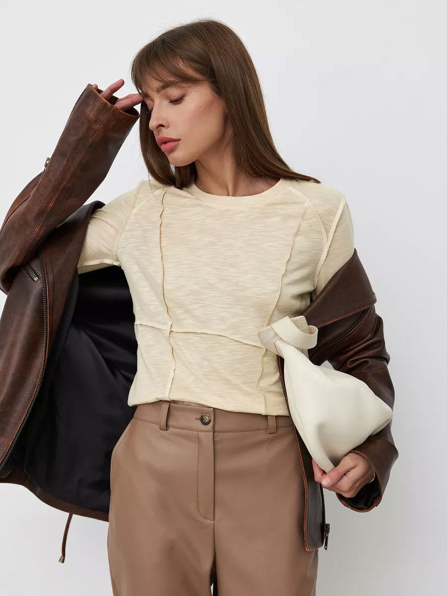 Women's Fashion Casual Contrast Stitching Crew Neck Long Sleeve T-Shirt