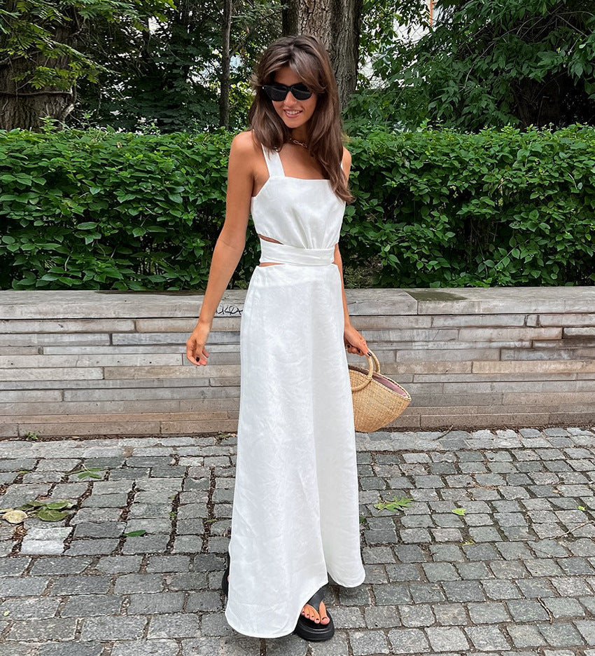 Women's Summer Cotton Linen Square Neck Spaghetti Strap Dress