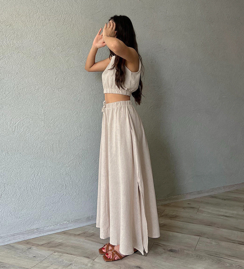 Women's Summer Casual Cotton Linen Crop Sleeveless Top and Sexy High-Slit Maxi Skirt Set