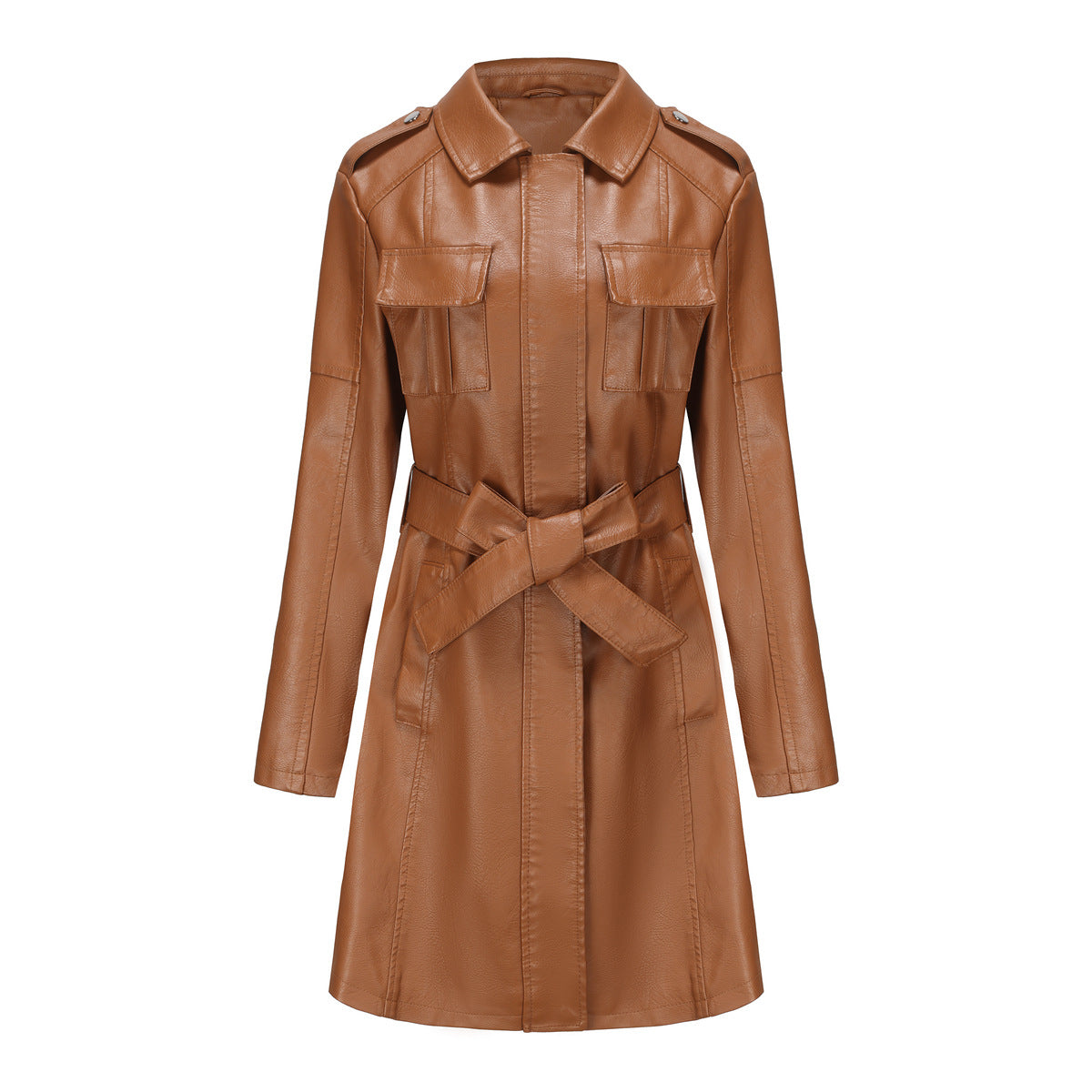 Women's Mid-Length Belted Faux Leather Long Sleeve Jacket with Zipper Design