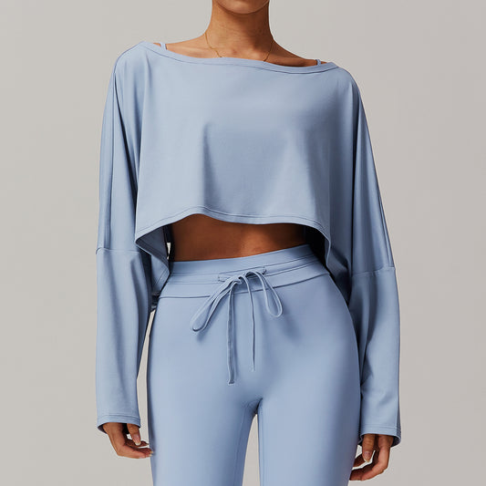 Women's Off-Shoulder Batwing Sleeve Fitness Top – Summer Long Sleeve Yoga Pullover