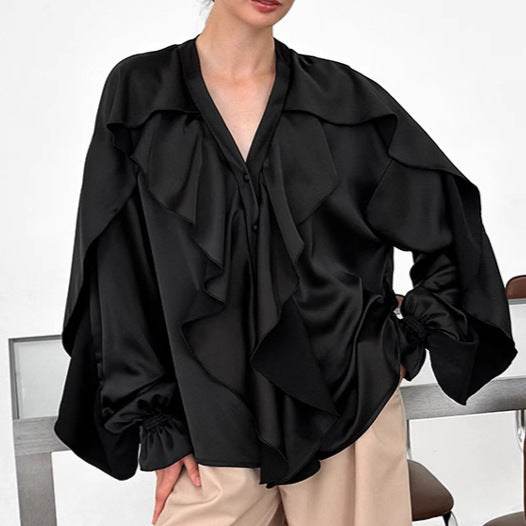 Women's Solid Color V-Neck Ruffle Puff Sleeve Satin Blouse