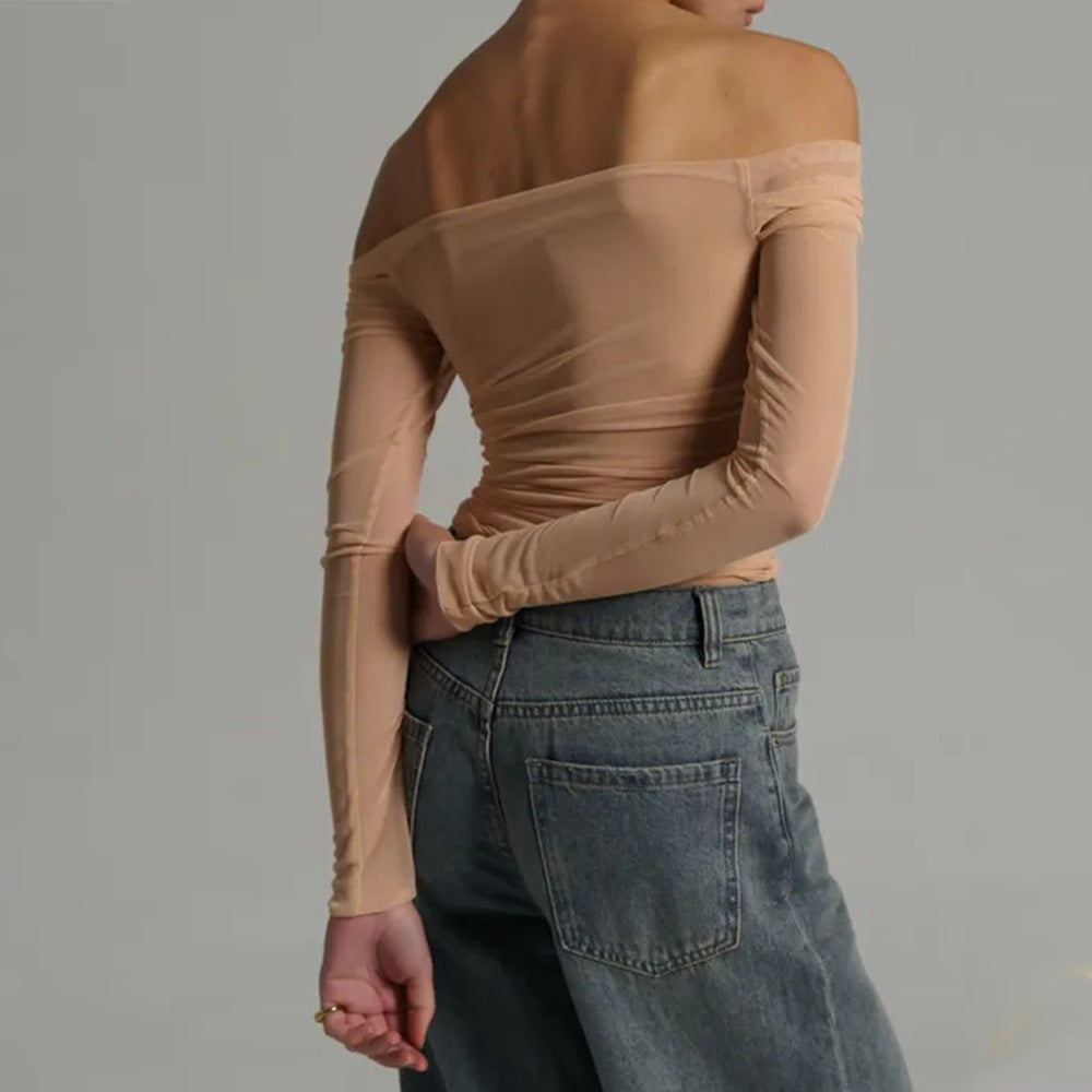 Summer Women's Fashion Off-Shoulder Sheer Mesh Ruched Top