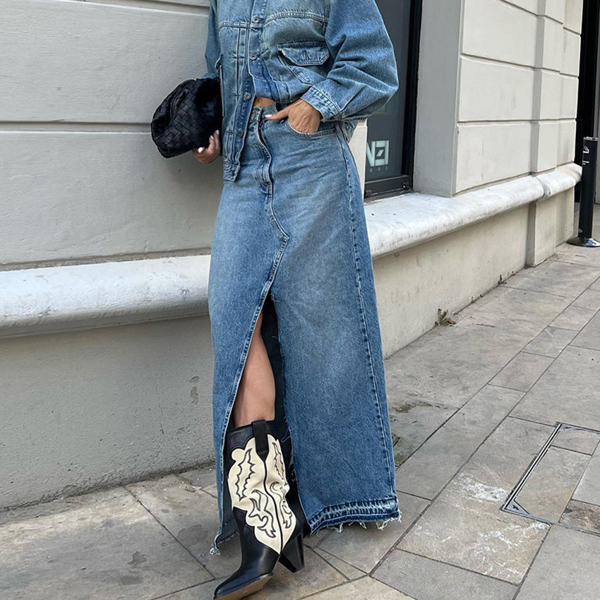 Women's High-Waisted Slim Fit Split Blue Denim Maxi Skirt Bodycon Design