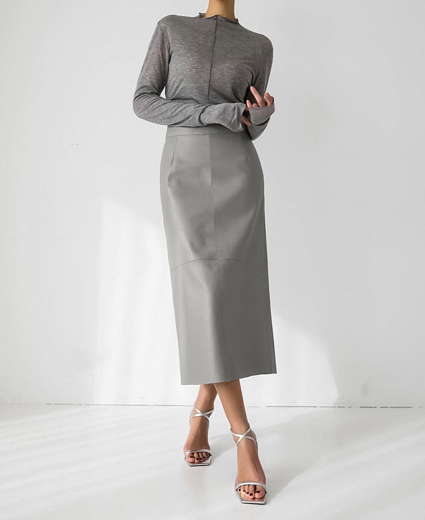Women's High-Waisted Split PU Leather Pencil Skirt