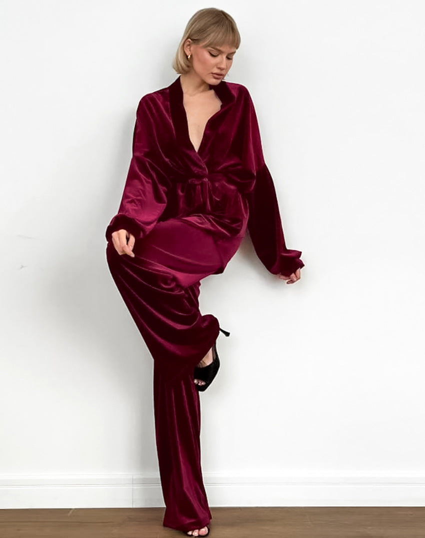 Women's New Velvet Fabric Casual Simple Long Sleeve Pants Pajamas