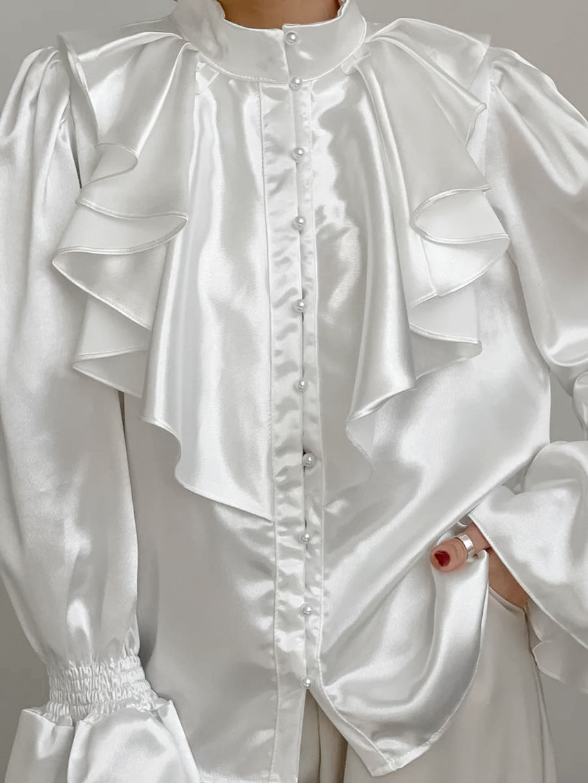 Women's Vintage Ruffle Stand Collar Satin Shirt with Bell Sleeves and Glossy Finish