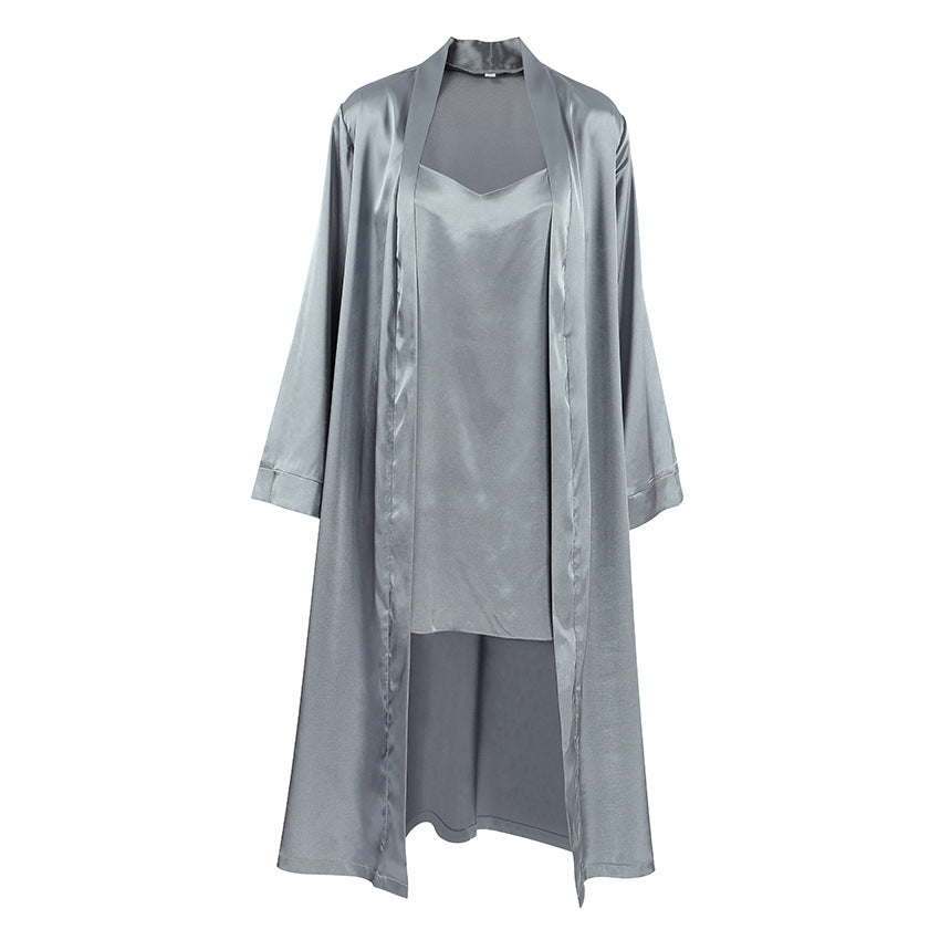 Women’s Gray Satin-Like Two-Piece Nightwear Set – Soft & Loose Slip Dress with Matching Robe