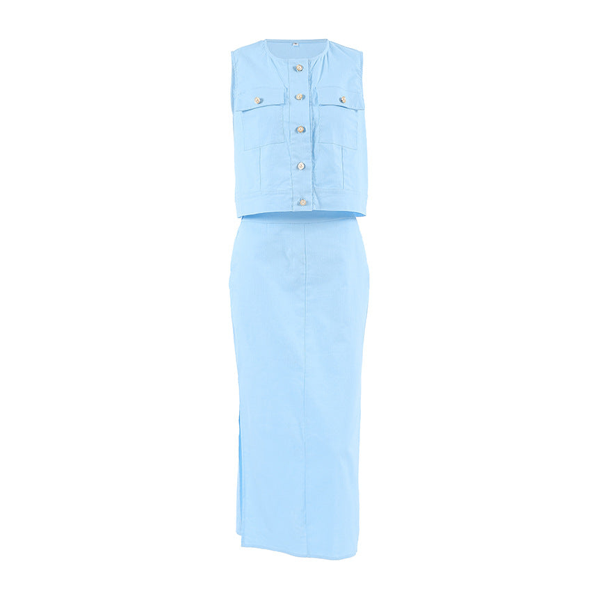 Summer Women's Fashion Round Neck Sleeveless Vest and Mid-Waist Split Skirt Two-Piece Set