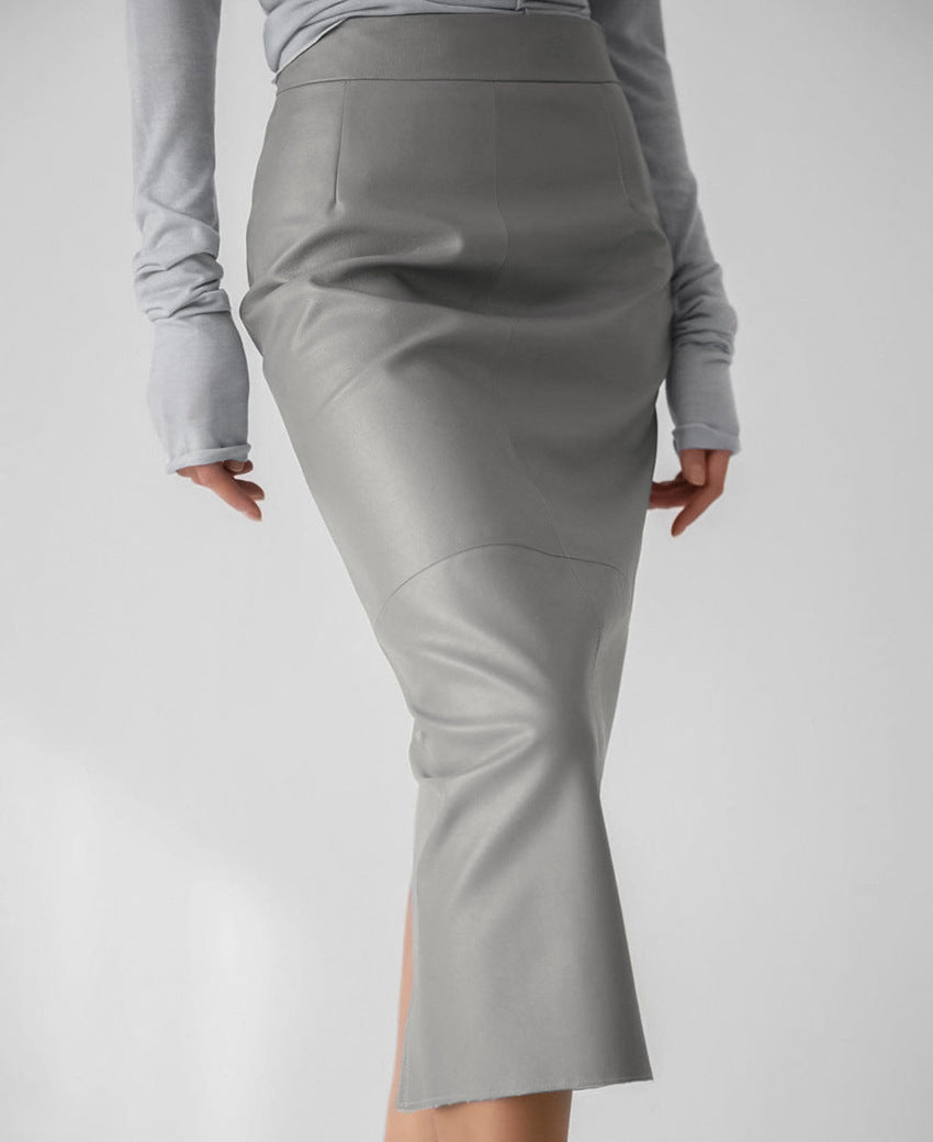 Women's High-Waisted Split PU Leather Pencil Skirt