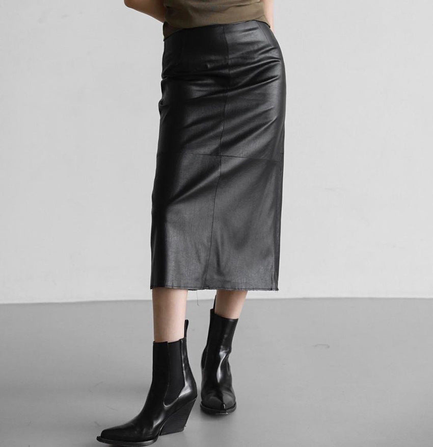 Women's High-Waisted Split PU Leather Pencil Skirt
