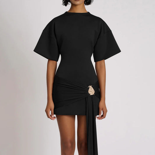 Elegant Solid Color Round Neck Waist-Tie Ruched Bodycon Dress for Women