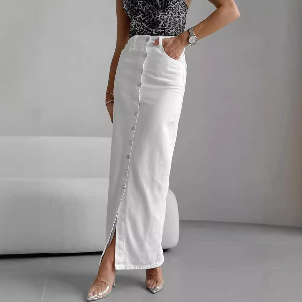 Women's White High-Waisted Fitted Button Skirt 100% Cotton