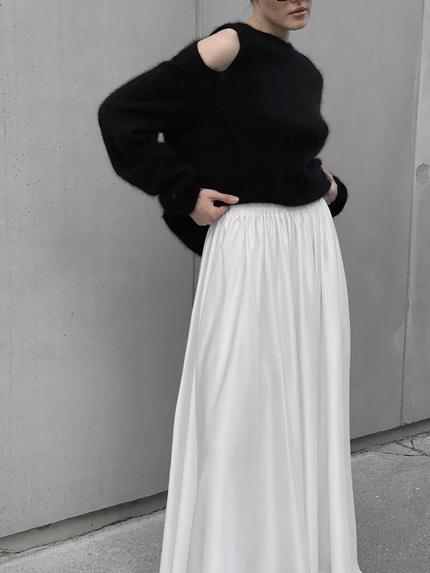 Women's White Satin High-Waist Elastic Waistband Midi Skirt