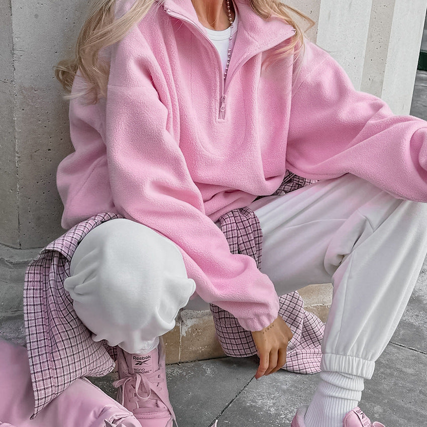 Women's Pink Fleece Loose Pullover Sherpa Sweatshirt