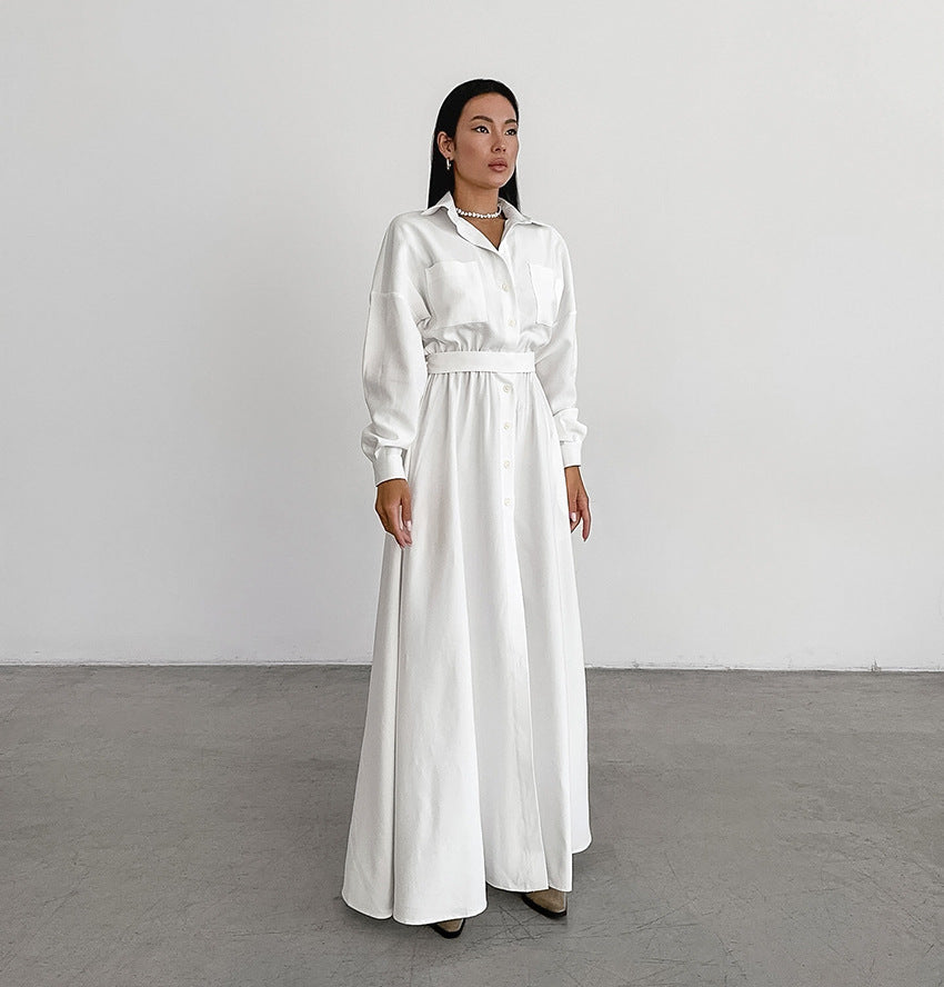 Women's French Collar Slim Shirt Dress - Elegant White Fitted Dress for Everyday Wear