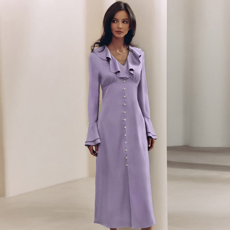 Women's French Satin V-neck Flare Sleeve High-waist Ruffle Dress