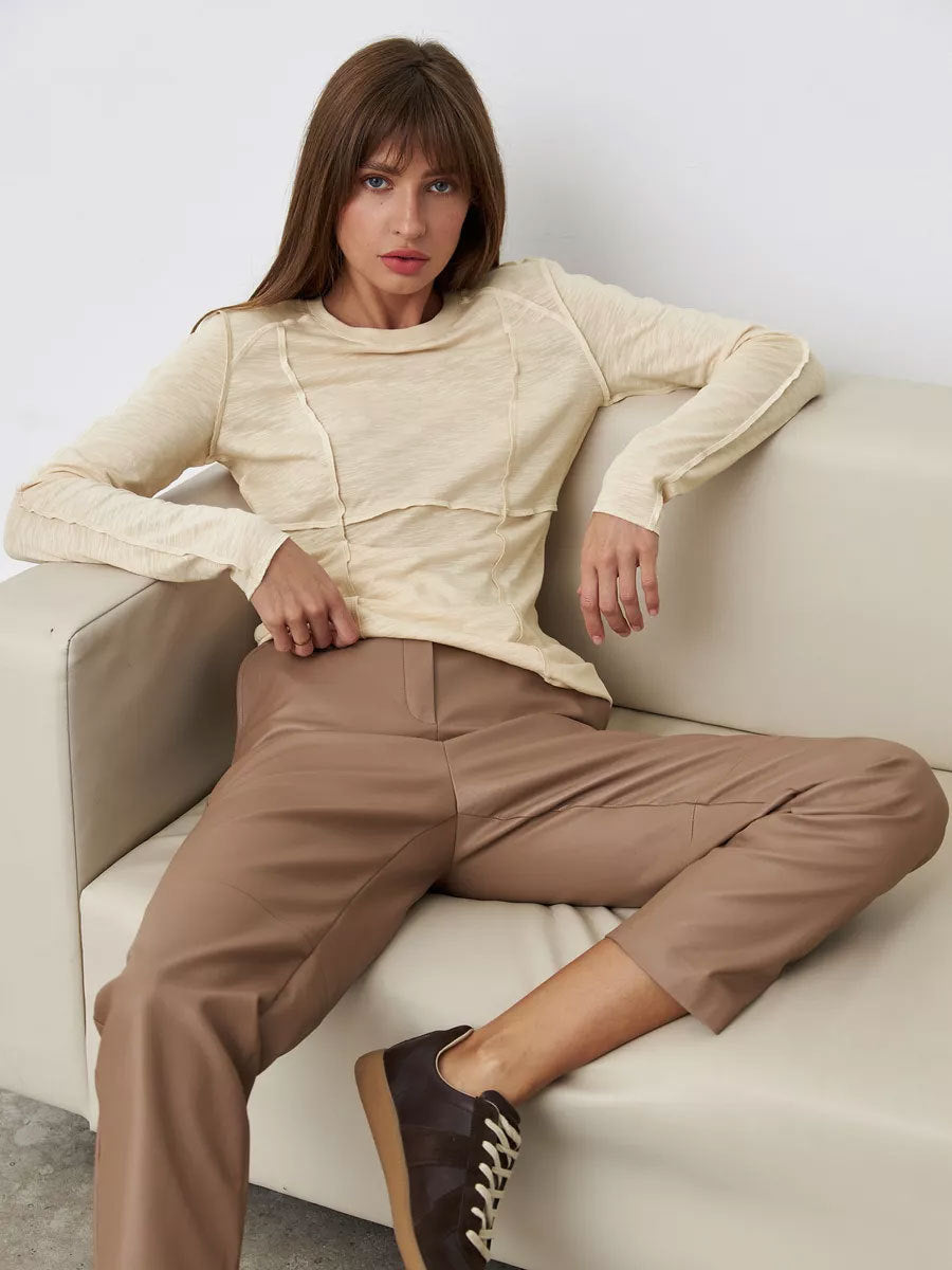 Women's Fashion Casual Contrast Stitching Crew Neck Long Sleeve T-Shirt