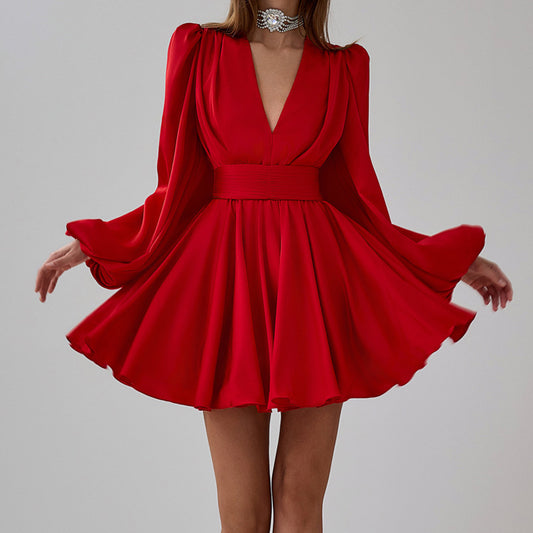 Women's Red Satin French-Style Puff Sleeve V-Neck Pleated A-Line Dress