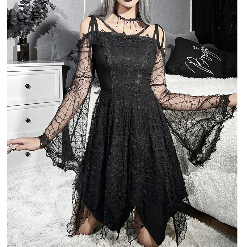 Gothic Sleeveless Lace Dress Halloween A-Line Mini Dress Summer Womens Spaghetti Strap Velvet Dresses Black