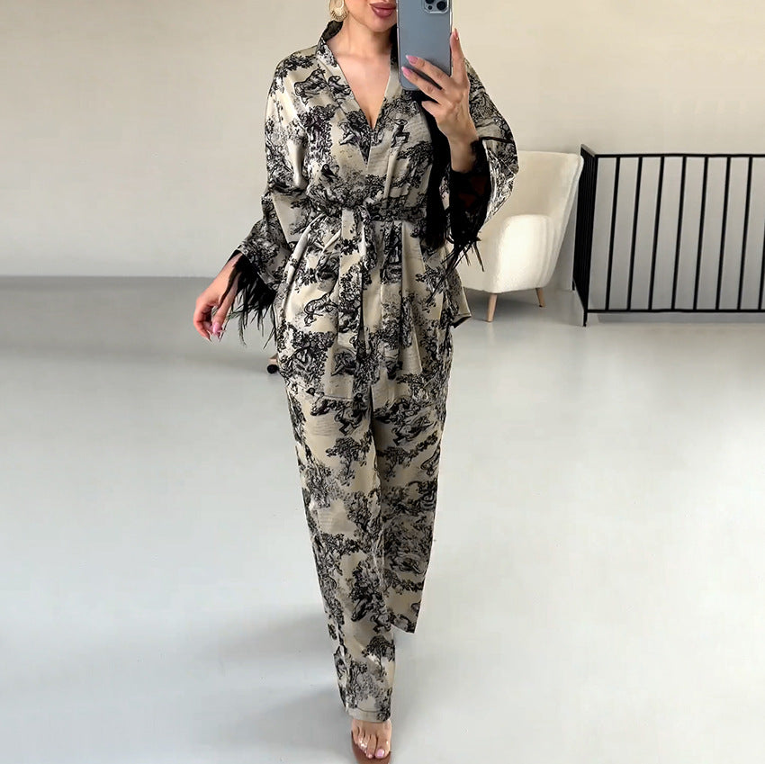 Women’s Autumn & Winter Velvet Loungewear Set – Knitted Long Sleeve Top & Feather-Trim Pants