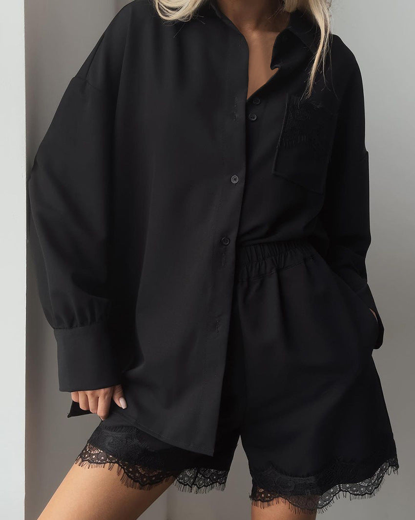Luxury Black Lace Trim Pajama Set for Women – Long Sleeve Top & Shorts Sleepwear