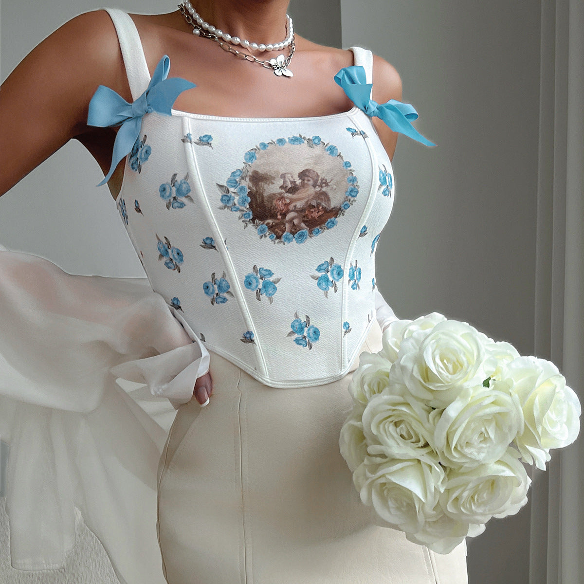 Women’s Sexy Tie-Back Printed Corset Tank – Strappy Open-Back Waist-Defining Bustier