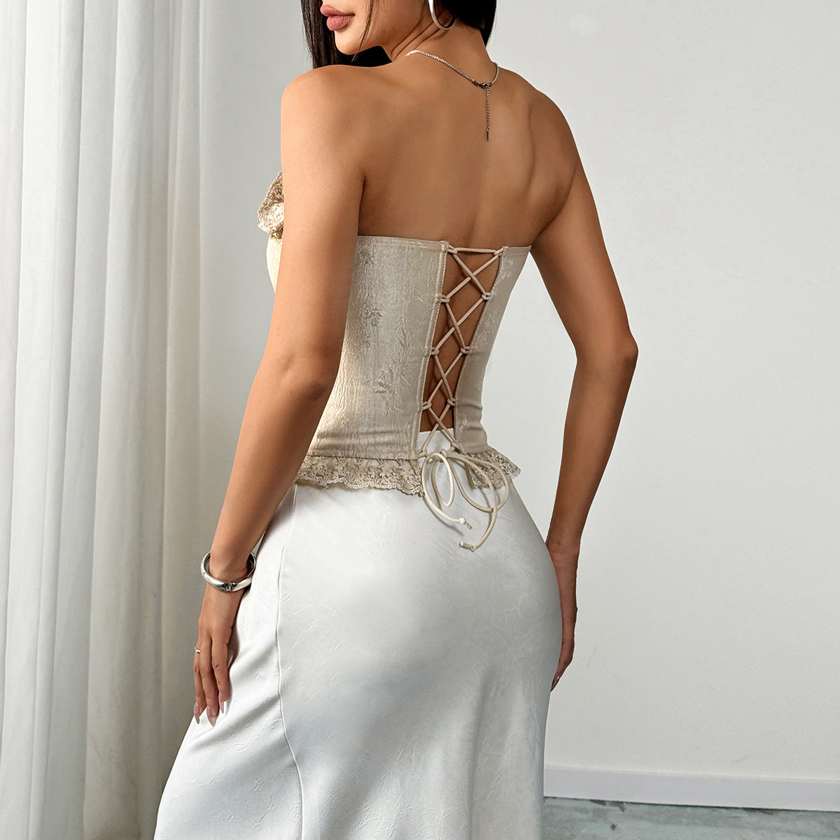 Women’s French-Style Ruffle Lace Corset Tank – Sexy Fishbone Bustier Top