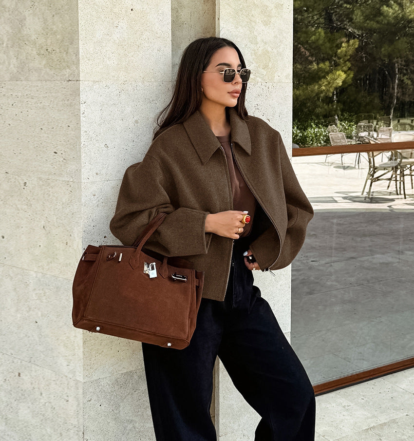 Women's Lapel Long Sleeve Zipper Woolen Coat - Premium Fashion Jacket