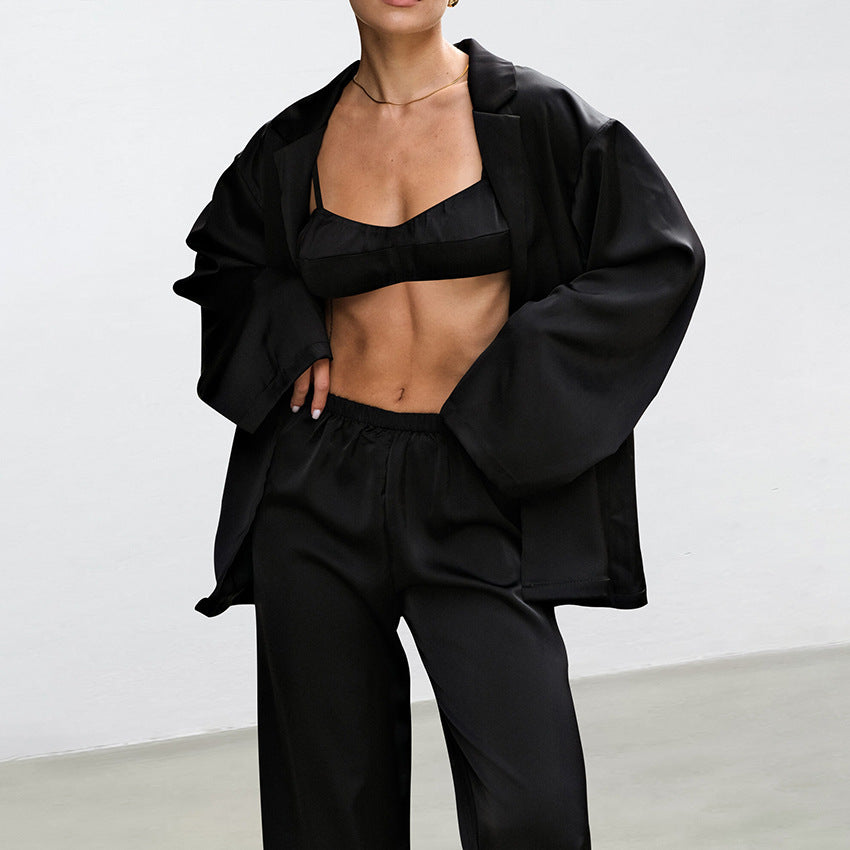 Women’s Satin Long Sleeve Pajama Set – 3-Piece Soft & Silky Loungewear with Robe, Top & Pants