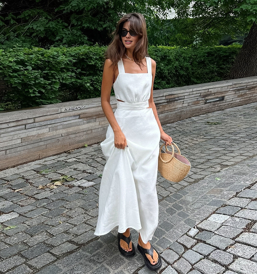 Women's Summer Cotton Linen Square Neck Spaghetti Strap Dress