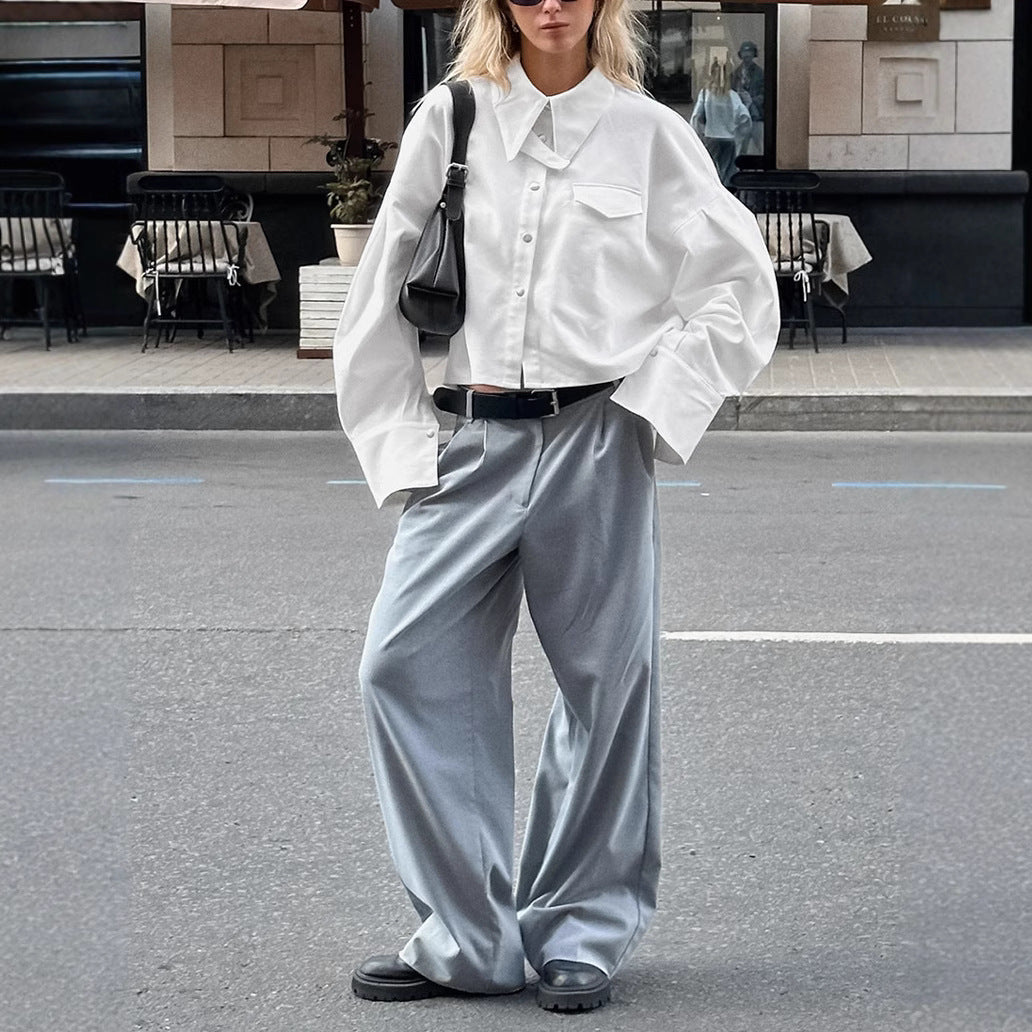 Women's French Style Lapel Loose Fit Cotton Crop Shirt
