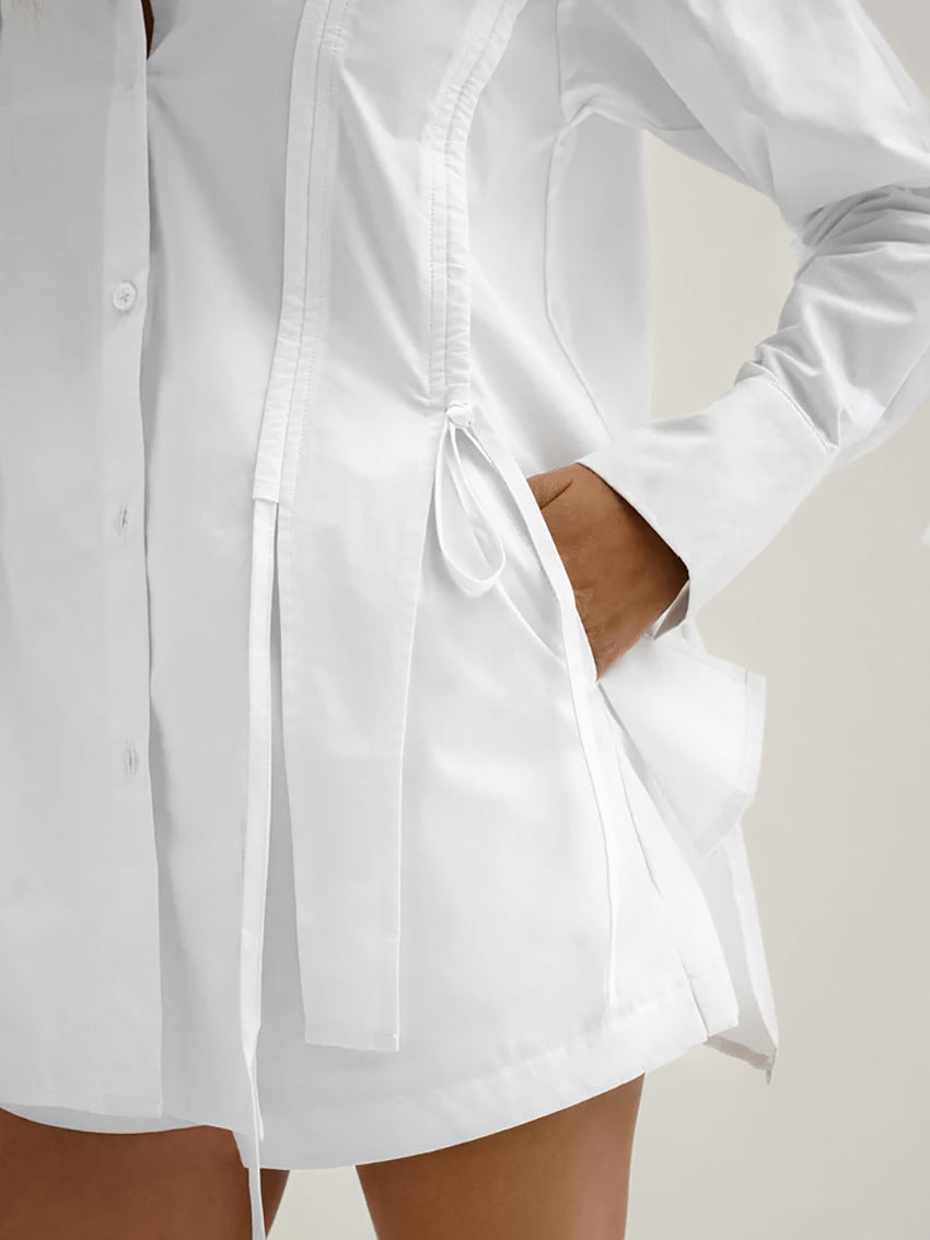 Women's Summer French Lapel Tie Long Sleeve Shirt and Shorts Set