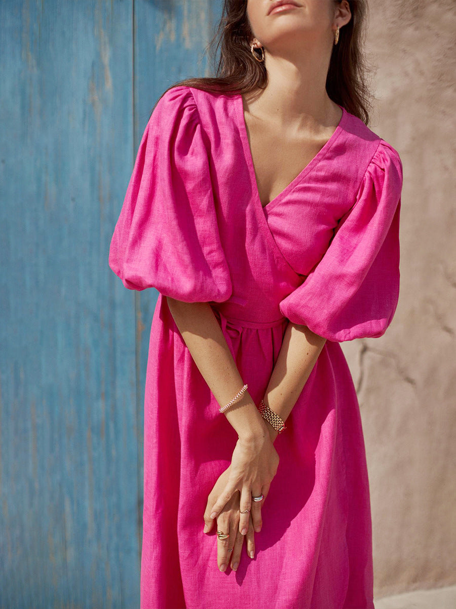 Women's Cotton Tie-Waist Puff Sleeve Midi Dress