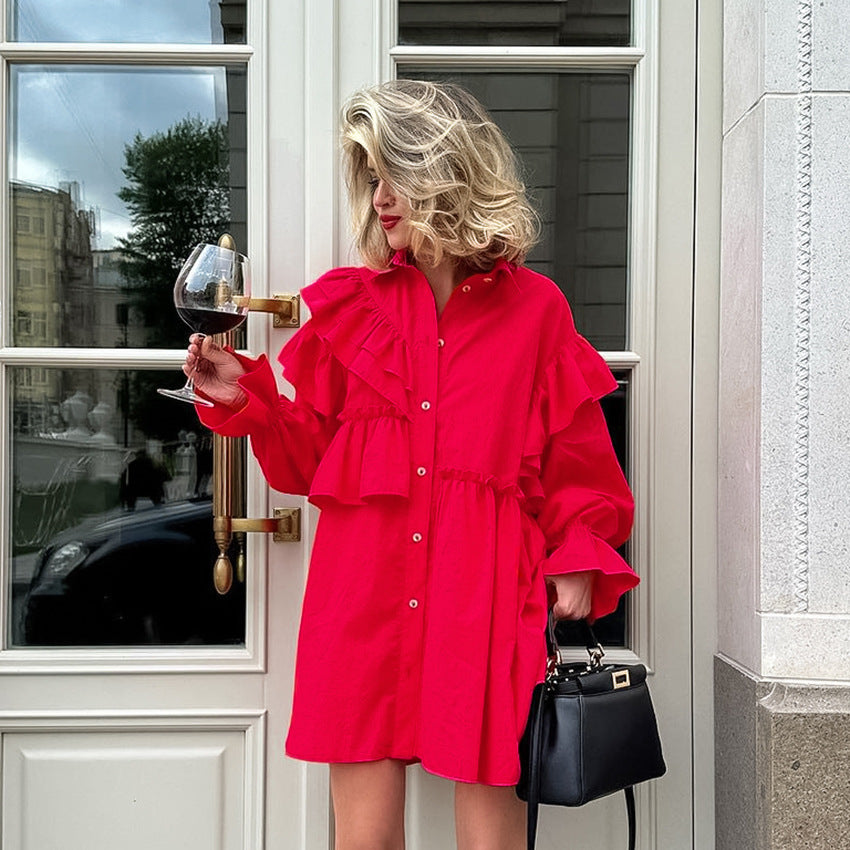 Women's Red Cotton Long Sleeve Ruffle Shirt with Turn-down Collar