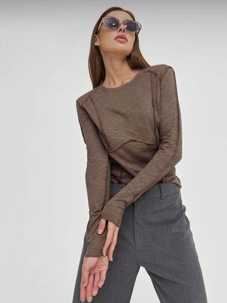 Women's Fashion Casual Contrast Stitching Crew Neck Long Sleeve T-Shirt