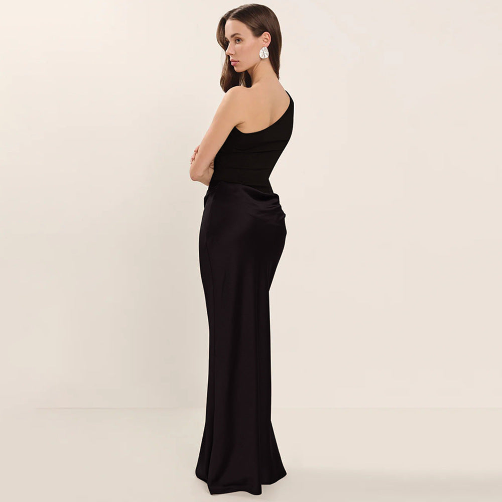 Sexy Sleeveless One-Shoulder Ruched Bodycon Midi Dress for Women