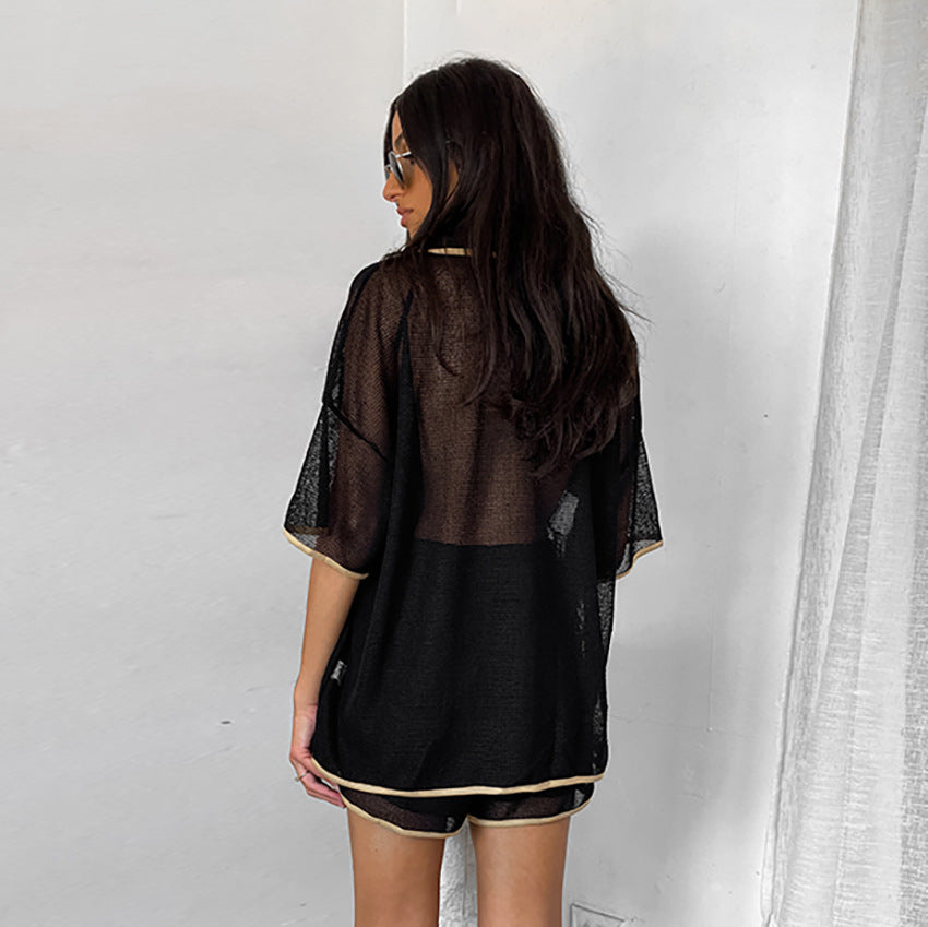 Summer Women's Sexy Sheer Color Block Short Sleeve Shorts Set