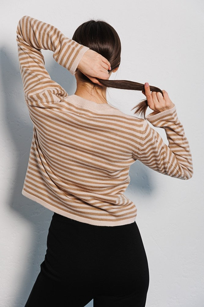Women's Fashion Ribbed Color Block Striped Crew Neck Knit Sweater