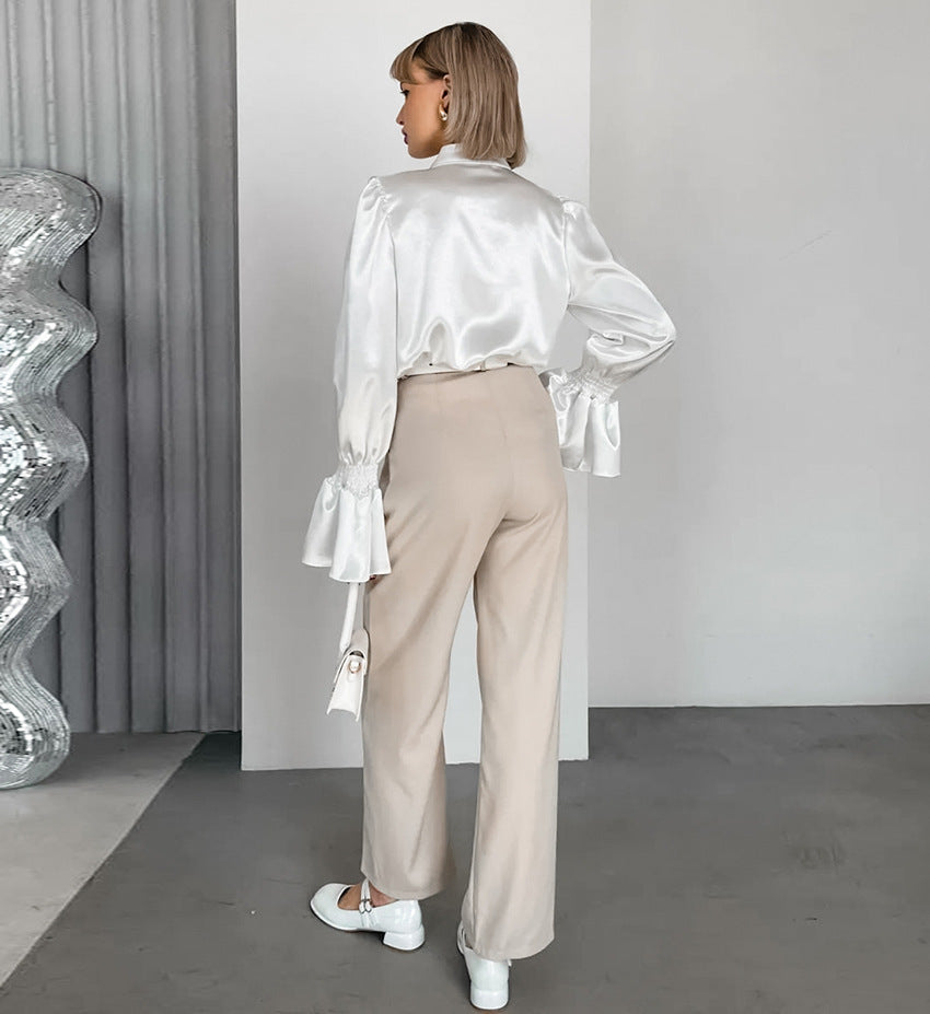 Women's Vintage Ruffle Stand Collar Satin Shirt with Bell Sleeves and Glossy Finish