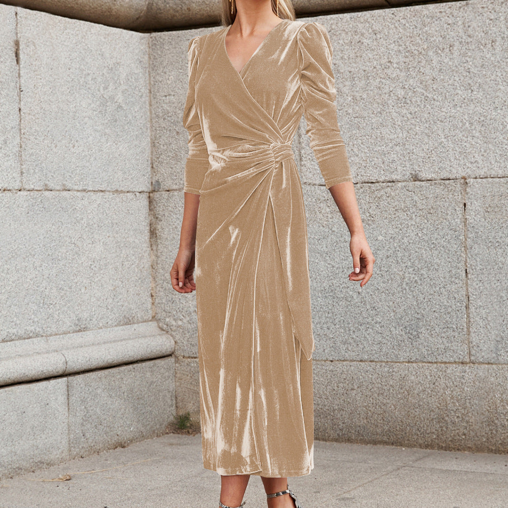 Women's Solid Color Tie Waist V-Neck Velvet Dress - Luxurious Velvet Fabric