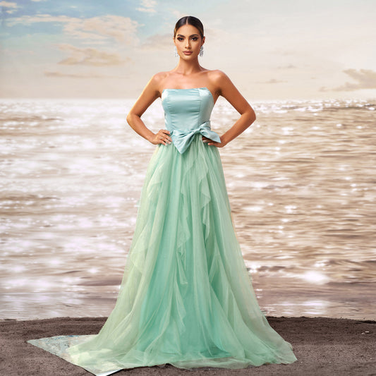 Women's advanced chest-wrapped slim waist green large skirt mesh evening dress