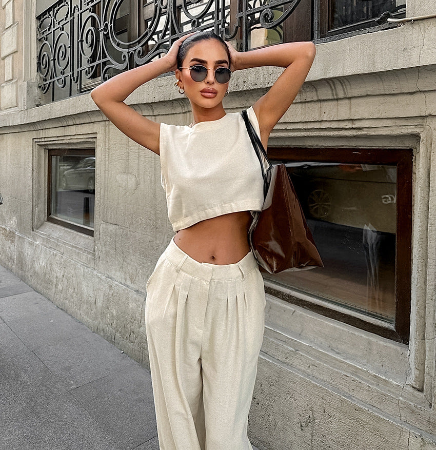 Women's Summer Fashion Casual Khaki Cotton Linen Sleeveless Top and Pants Set